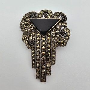 ART DECO 925 MARCASITE BLACK ONYX SILVER BROOCH PIN
